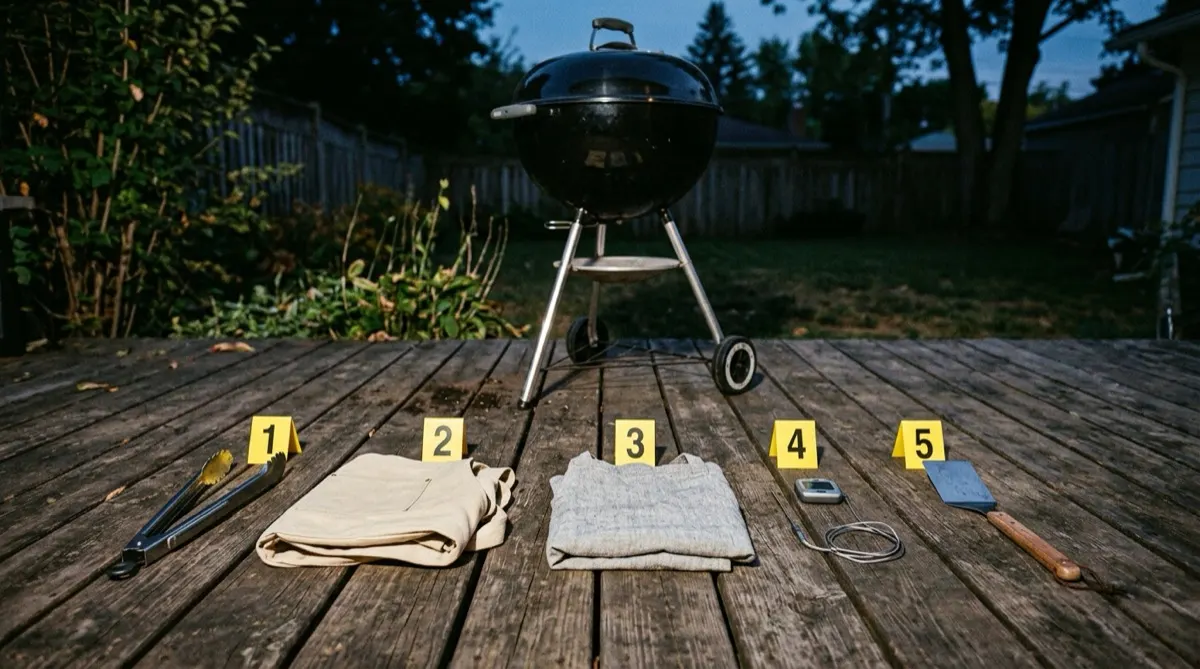 Grill tongs, a plain canvas apron, a folded linen apron, a meat thermometer, and a spatula laid out on a wooden deck in front of a black kettle grill, each beside a numbered yellow evidence marker