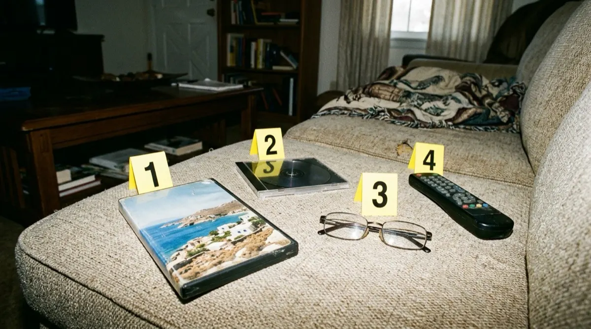 A DVD case with a sunny Greek island on the cover, an empty CD case, a pair of reading glasses, and a TV remote on a beige couch next to numbered yellow evidence markers