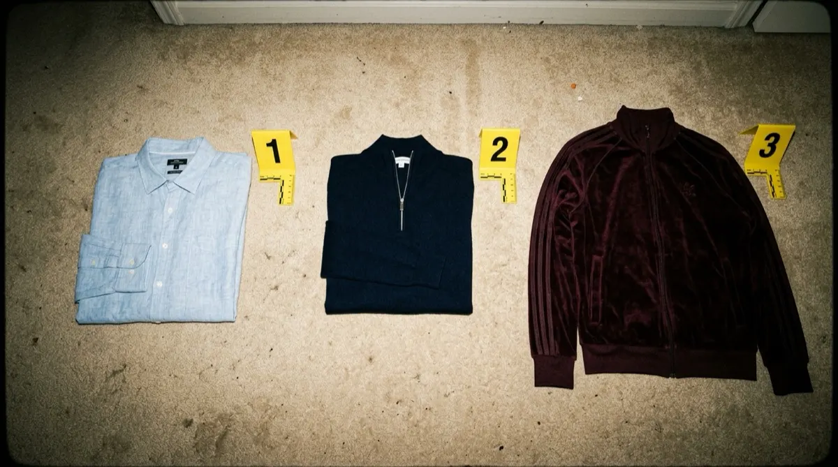 A pale blue linen shirt, a navy cashmere quarter-zip, and a maroon velour track jacket laid on carpet next to numbered yellow evidence markers